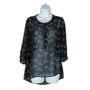 Sperry Top Sider Sailboat Nautical Boat Print Sheer Blouse Shirt Womens Small S